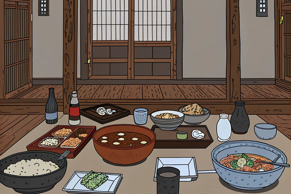 和室の食卓にさまざまな料理を並べたイラスト
